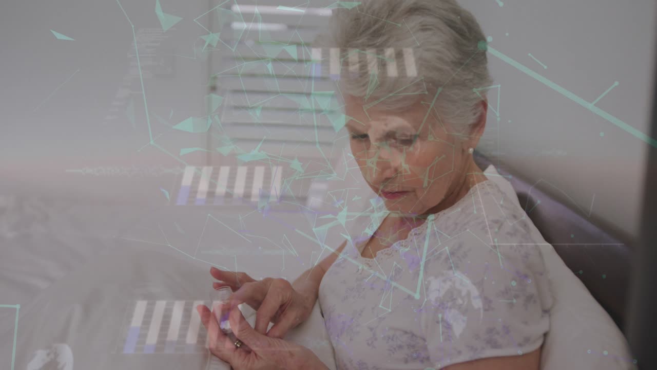 Animation of data processing over senior caucasian woman with pills
