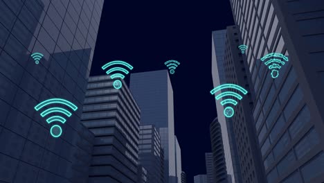 Animación-De-Iconos-Wifi-Digitales-Volando-Sobre-El-Paisaje-Urbano