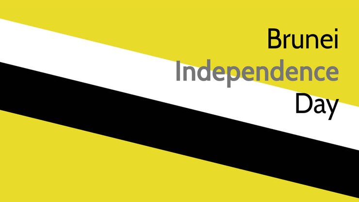 Testo del Giorno dell'Indipendenza del Brunei su strisce bianche e nere su sfondo giallo
