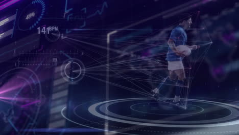animation of interface processing data over rugby player running with ball