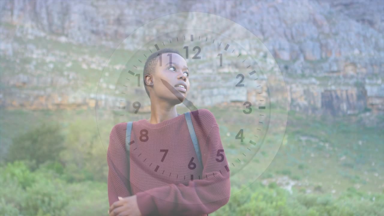 Traveling woman standing cliff, clock rotating and marking time causing looking up and hugging arms