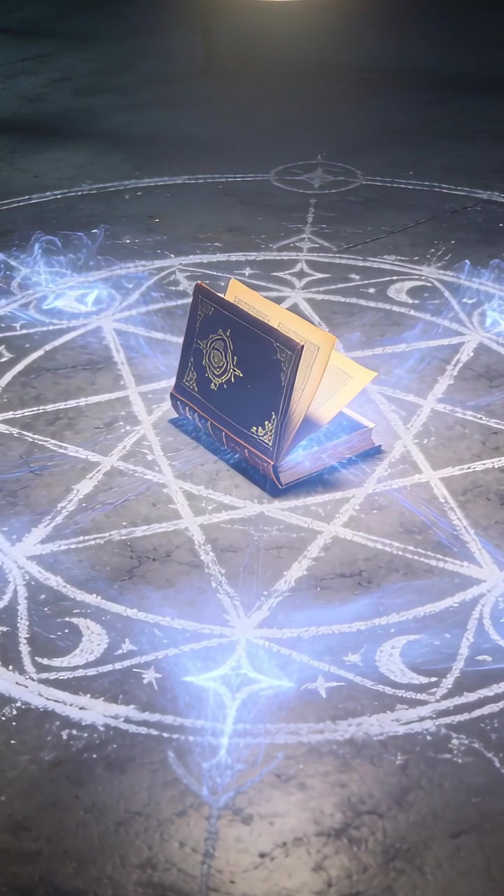 Video verticale: Libro ornato e luminoso che si muove grazie al bagliore di un sigillo, aprendosi ed emettendo luce blu sotto una lampada.