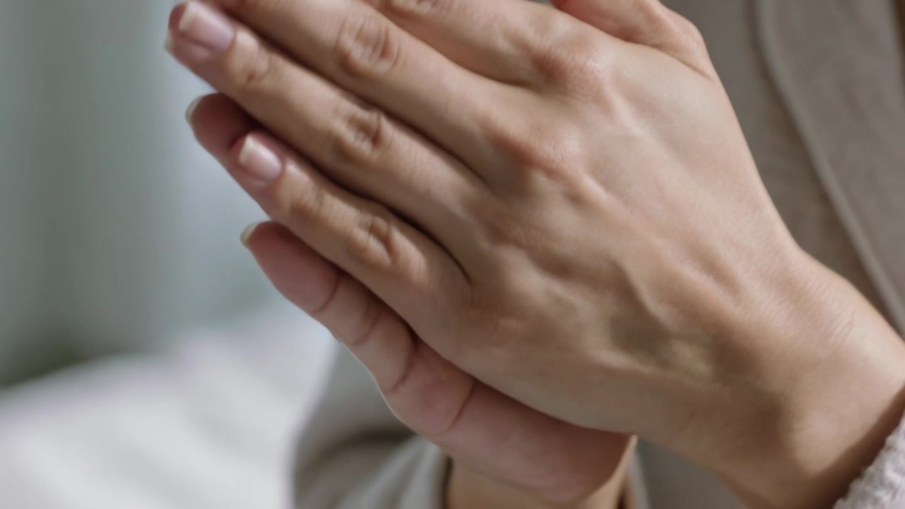 Holding droplet, woman's hands cupping, rubbing and warming product at home, robe sleeve visible