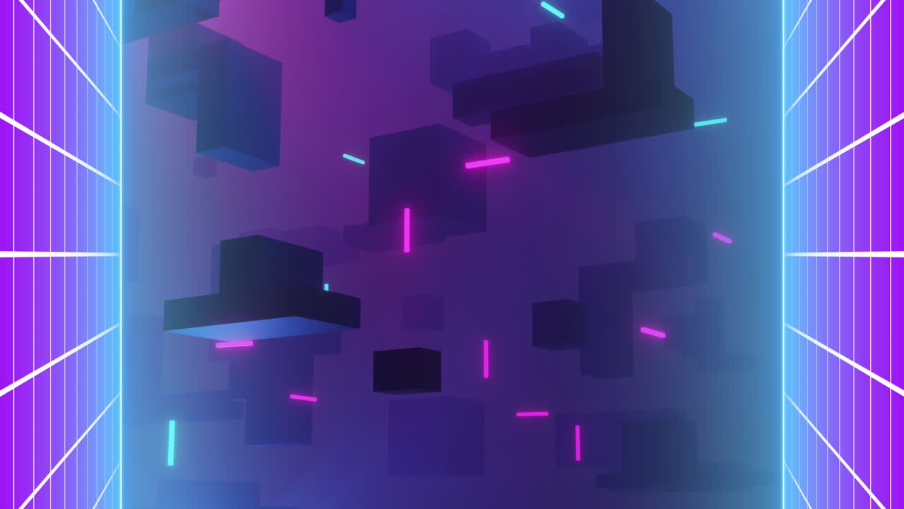 Animation of video game screen with light trails over purple background