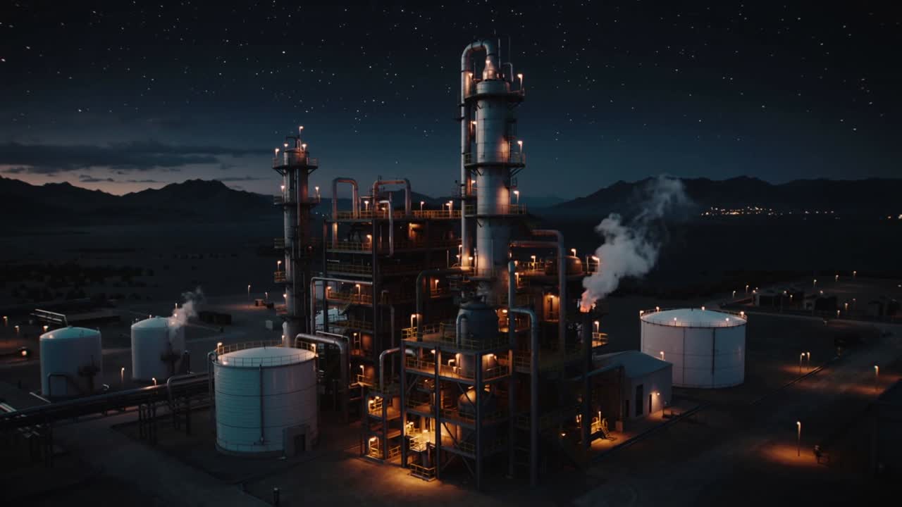 Panning aerial drone revealing distillation tower and tanks at remote valley plant, steam drifting