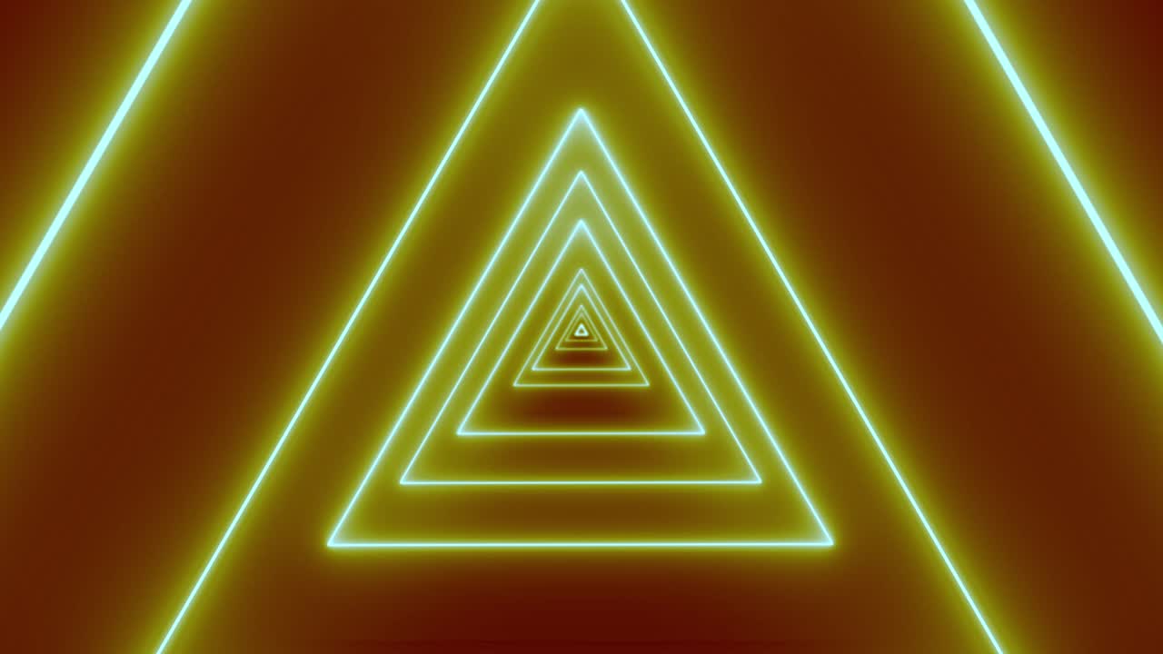 Seamless flight through an endless tunnel of glowing yellow-green neon triangles on a warm red background. For retro, VJ, or sci-fi use