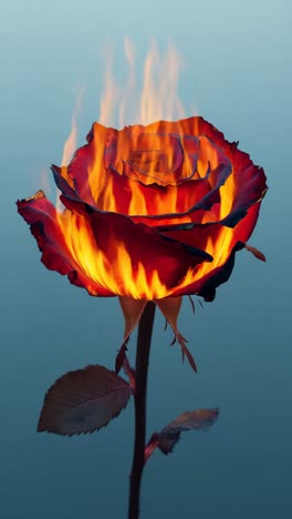 a close-up shot of a red rose engulfed in flames against a blue background, creating a surreal