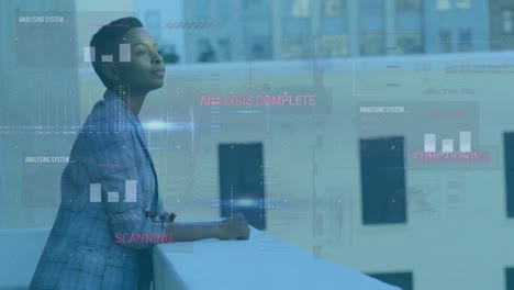 animation of data processing over african american businesswoman on balcony