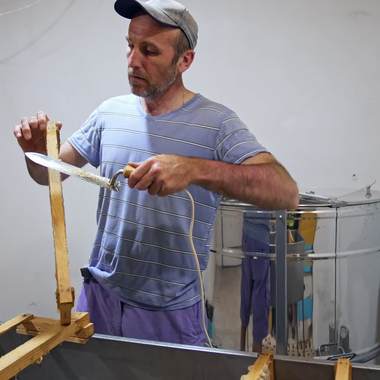 Apiarist prepares honeycomb for pumping honey. Male beekeeper removes excess bees wax with a scraper on a frame with fresh yellow honey. Harvesting honey