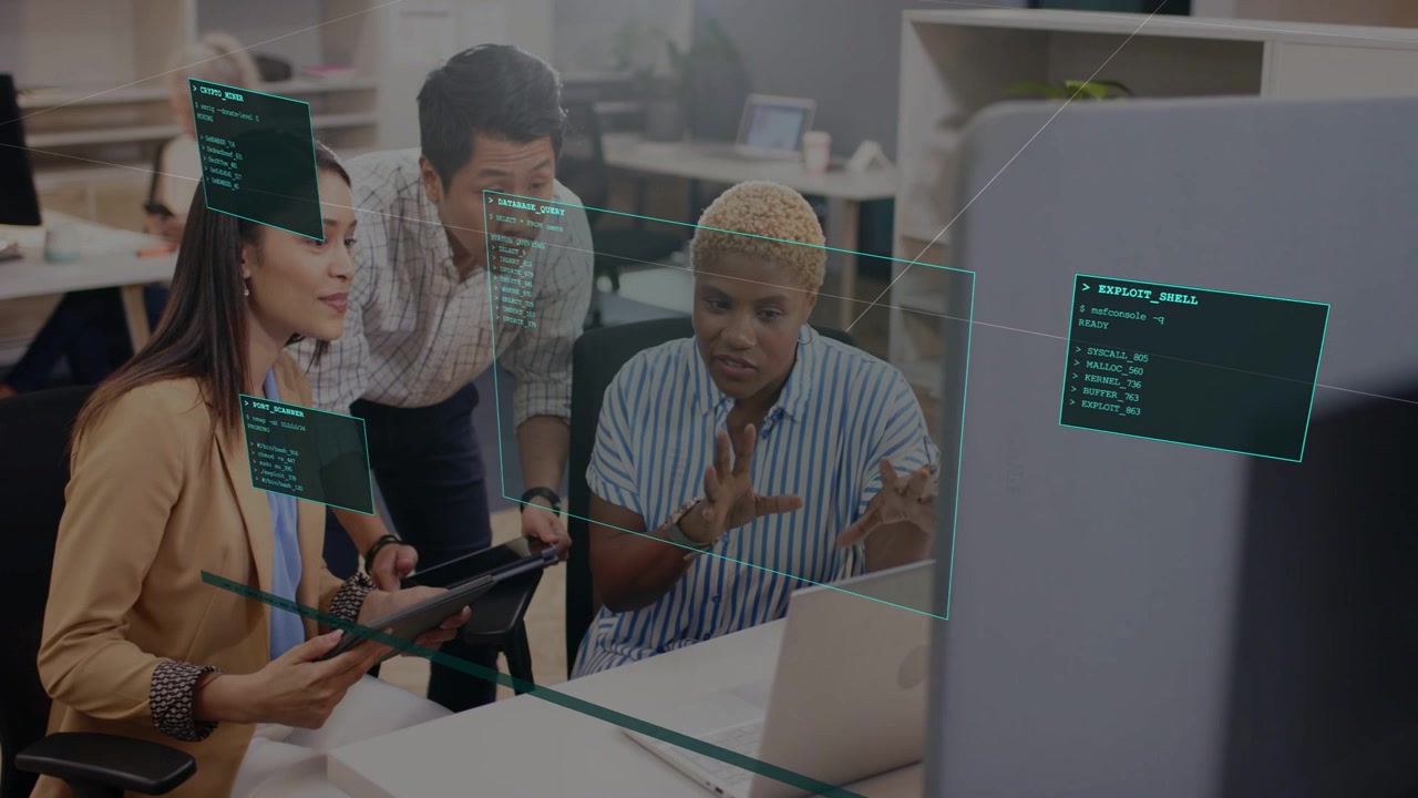 Three coworkers leaning at laptop, HUD panels appearing, analyzing security modules, planning fixes
