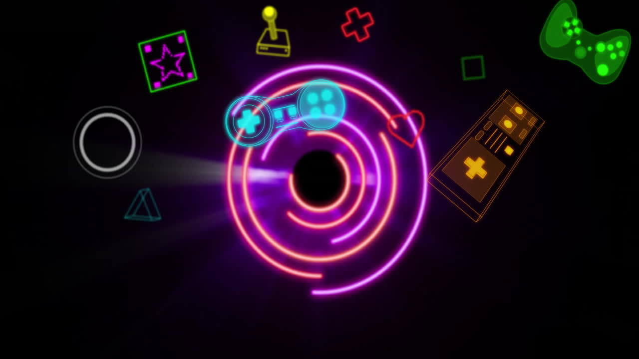 검은 바탕에 네온 원 위에 게임 아이콘의 애니메이션