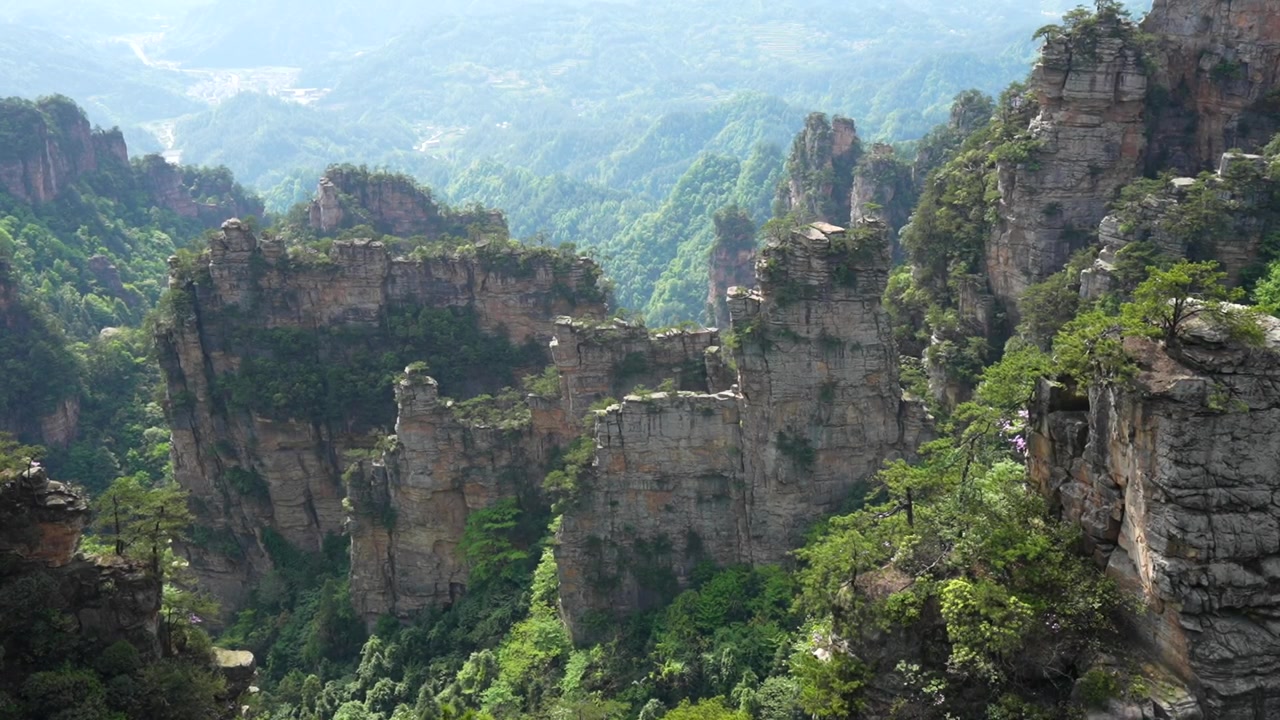 Vista maestosa di imponenti pilastri di arenaria quarzifera nel Parco Forestale Nazionale di Zhangjiajie, Cina