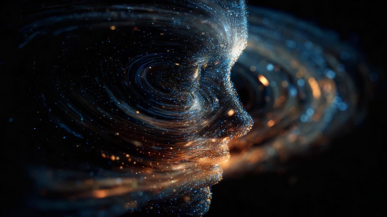 A mesmerizing exploration of the connection between human consciousness and the cosmos, where a face emerges from a whirlwind of stardust and cosmic patterns representing thoughts and dreams