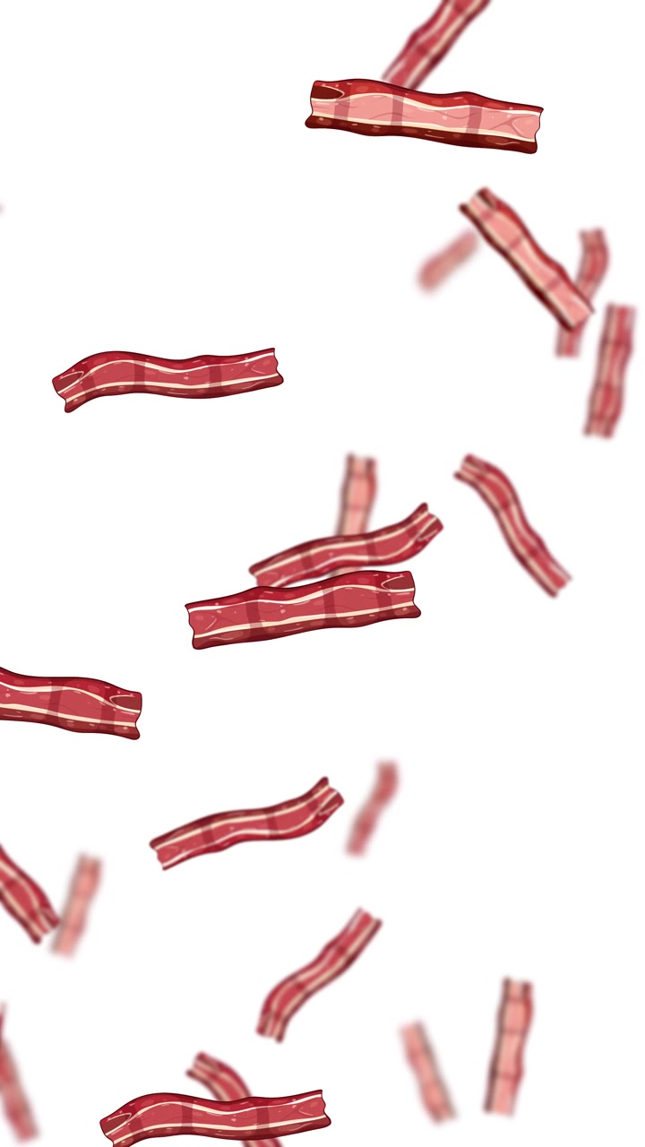 Loop infinito di strisce di pancetta stilizzate che piovono verso il basso su uno sfondo verticale bianco e pulito.