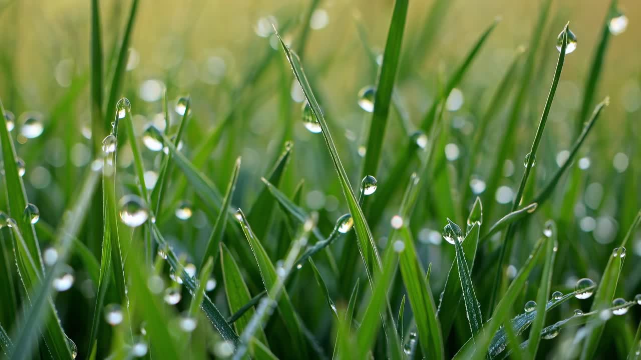 Close-up, low-angle shot of dew-covered grass blades, capturing the freshness of morning
