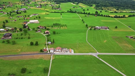 Aerial-view-of-a-small-remote-village,-in-a-large-green-field,-on-a-mountainside-in-the-Swiss-alps