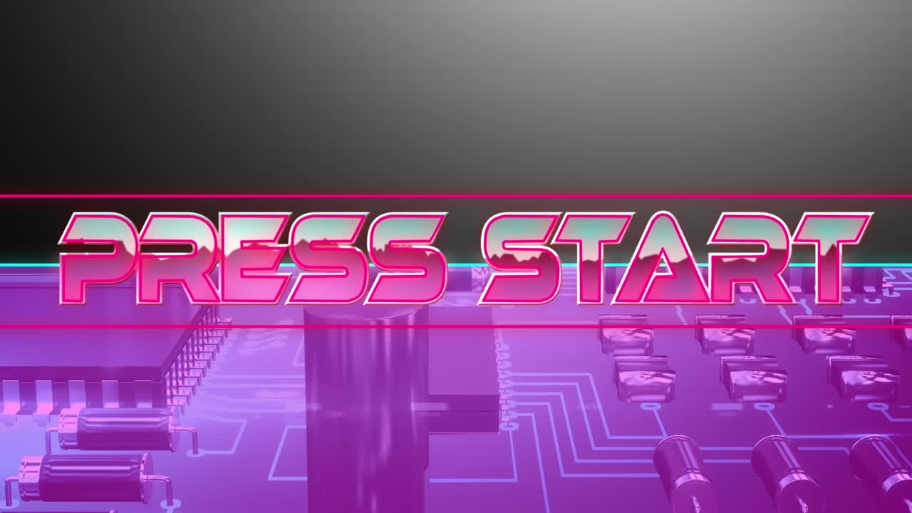 Animation of press start text over geometrical shapes and processor cores