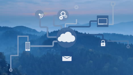 animación de iconos tecnológicos sobre el paisaje