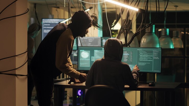 Hackere, der arbejder på computere
