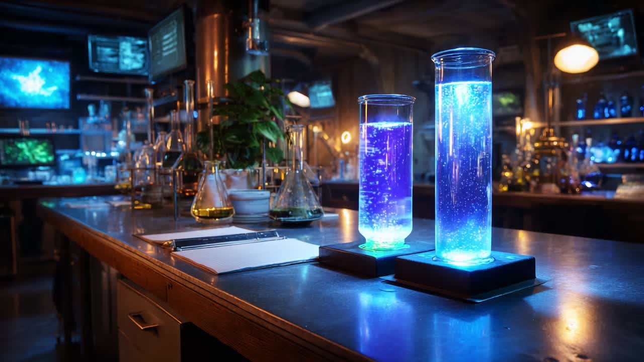 A captivating laboratory scene featuring two glowing beakers filled with vibrant blue liquid, sitting on a countertop surrounded by various scientific instruments and illuminated screens, showcasing advanced research and experimentation