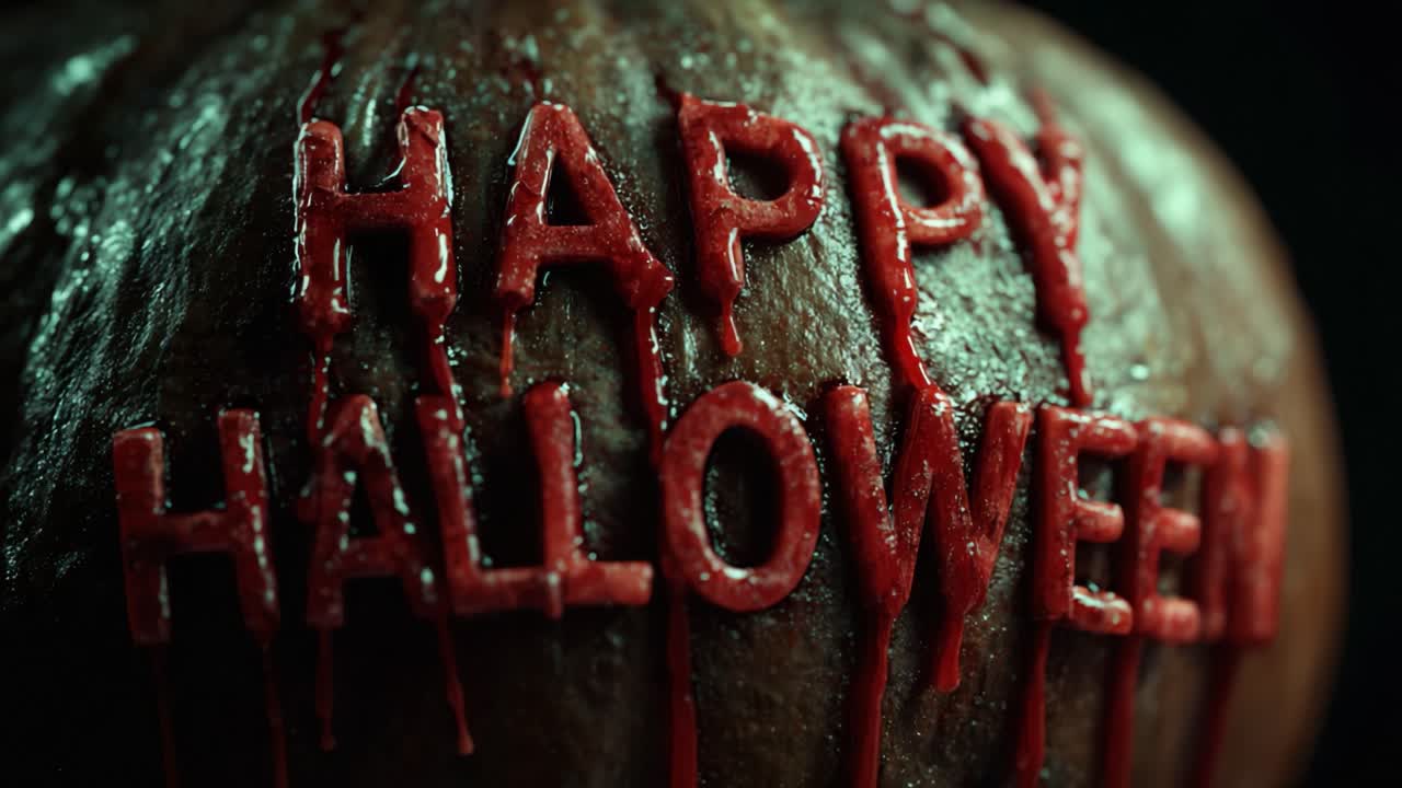 Spooky and gruesome message reading Happy Halloween carved into a monster's skin, with thick red blood dripping down in a chilling and terrifying horror scene against a dark background