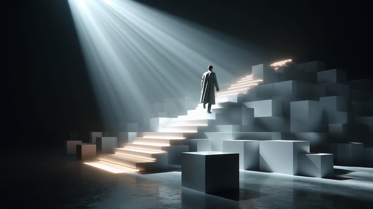 A Man Climbing Stairs Towards the Light