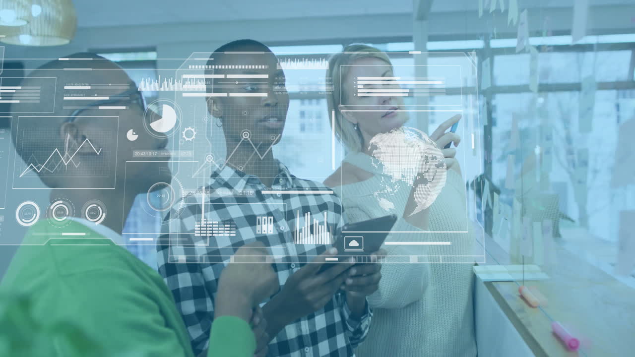 In office, diverse team using animation overlay for digital data collaboration