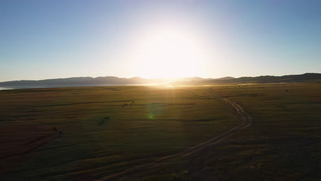 épica-Toma-Cinematográfica-Con-Drones-Del-Destello-De-La-Lente-Del-Sol-Sobre-Los-Caballos-Junto-Al-Lago-Song-kol-En-Kirguistán