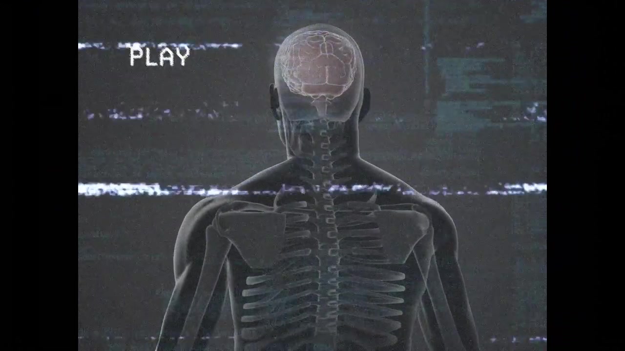 PLAY watermark showing glitch overlay while 3D skeleton model rotating clockwise visualizing scan