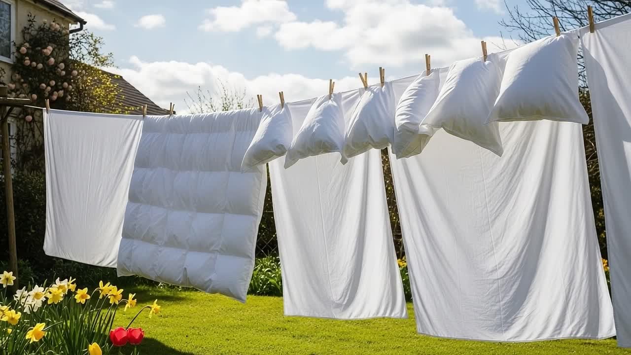 A Serene Outdoor Scene Featuring Lined White Bedding and Pillows Hanging in the Sunlight Amidst a Colorful Floral Garden
