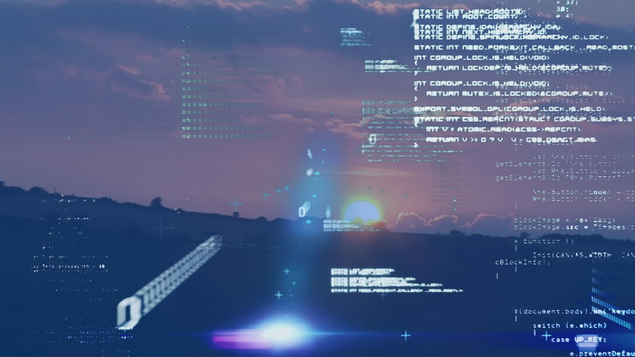 animación de diversos procesamientos de datos sobre el paisaje al atardecer