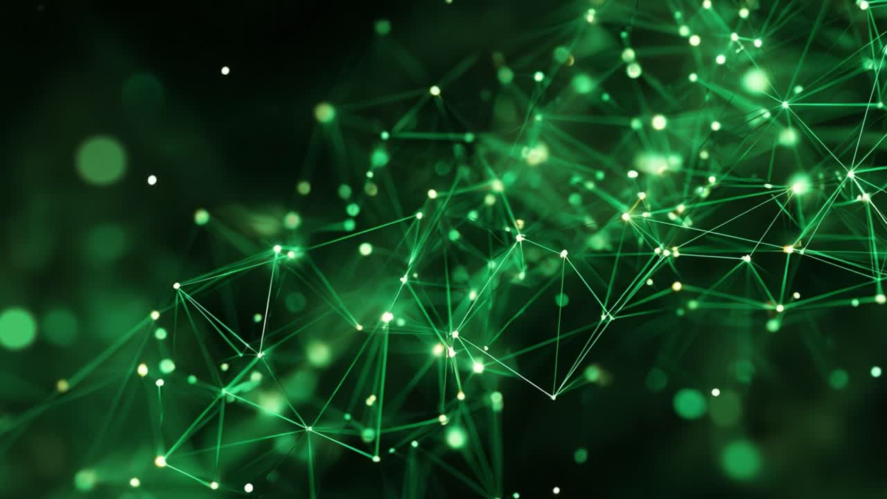 Abstract technology background with a slowly moving green plexus structure, connecting lines and dots, and a depth of field effect creating beautiful bokeh for concepts like data or communication