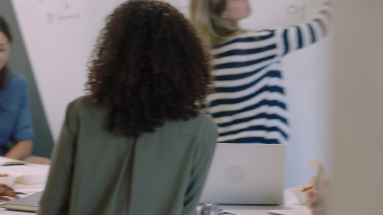 gente de negocios profesional reunión mujer gerente presentando ideas creativas para el proyecto dibujando en pizarra compartiendo datos de gráficos financieros diversos colegas en la sala de juntas de la oficina presentación