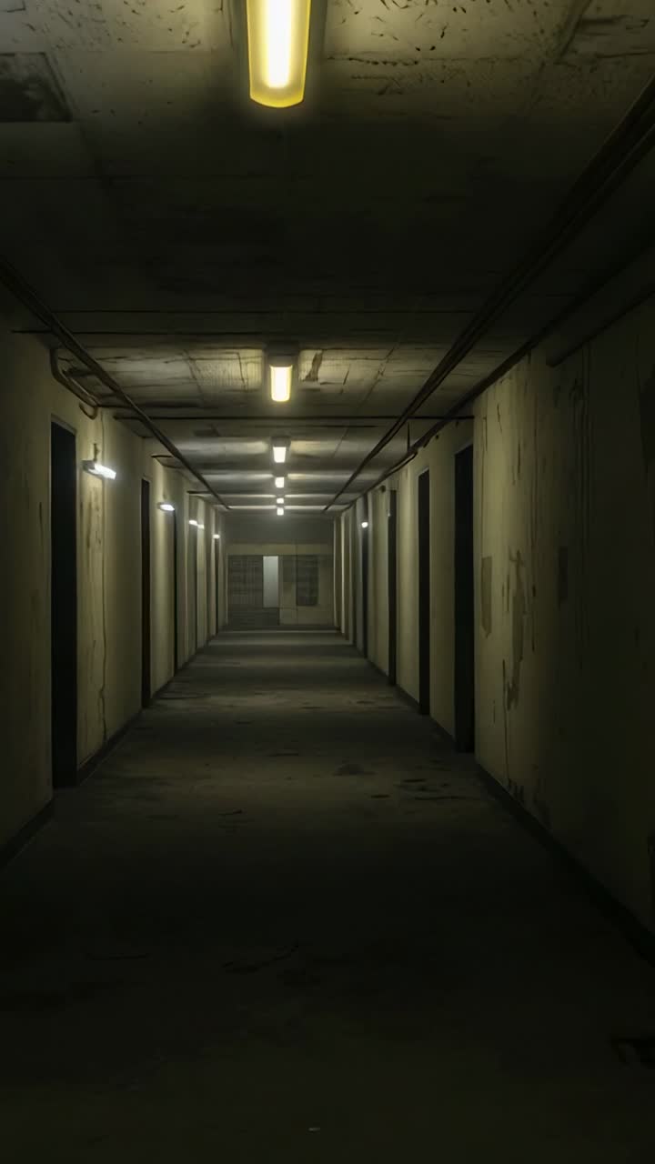 Vertical video: Lingering corridor in basement, fluorescent lights exposing pipes and peeling paint