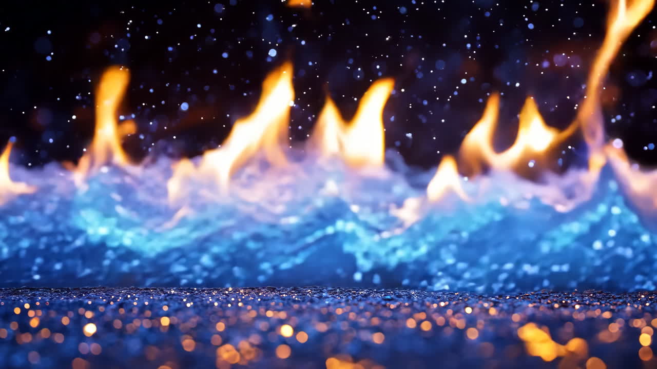 A blue and orange flame with a blue wave in the background. The blue wave is surrounded by a lot of sparkles