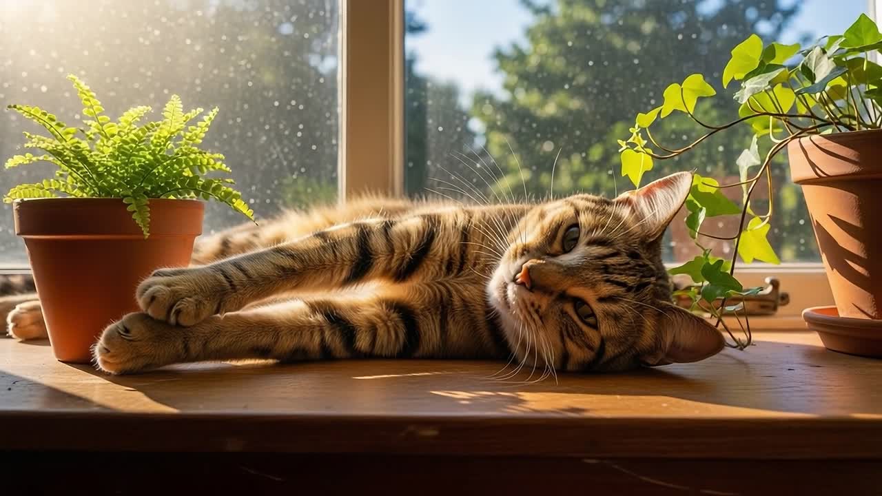 A Relaxed Bengal Cat Enjoys the Warm Sunshine by the Window, Surrounded by Lush Green Plants and a Bright, Cheerful Atmosphere, Perfect for a Cozy Afternoon Nap