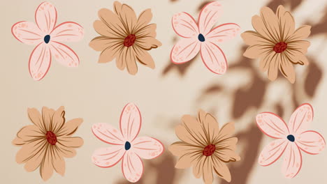 animation of silhouettes of branch with leaves and flowers over beige background