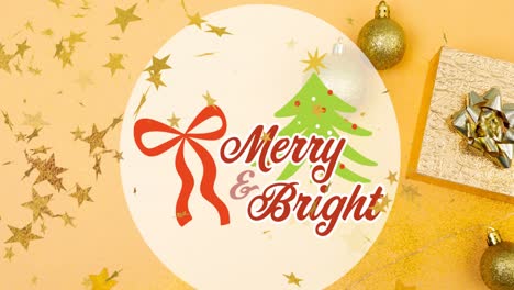 animation of merry and bright text over stars falling, christmas decoration and presents on table