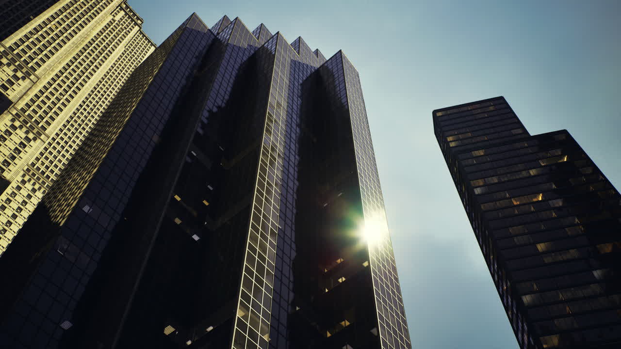 City skyline showcases modern skyscrapers under bright sunlight