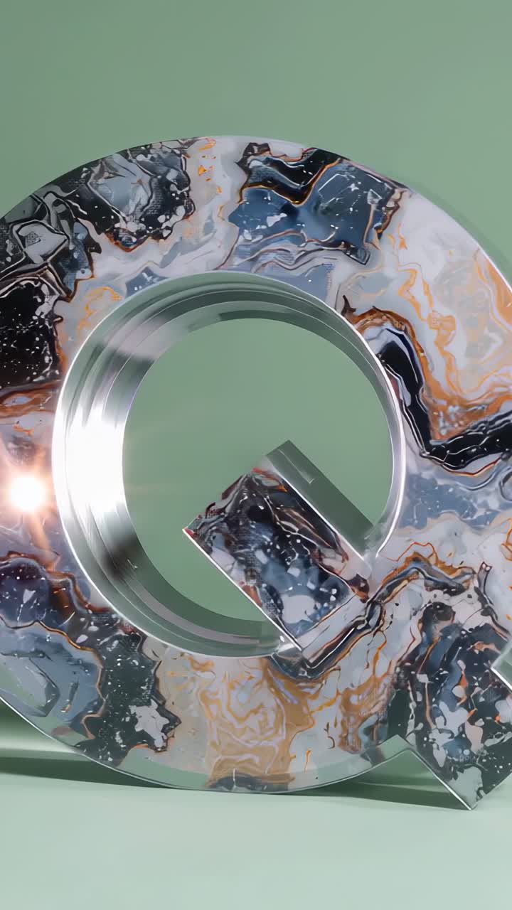 Vertical video: Following stillness, 3D letter Q turning slowly in pale green studio, marble finish