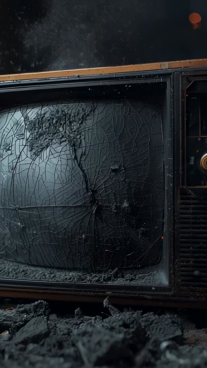 Video verticale: Polvere e braci post-incendio che si depositano intorno a una TV CRT vintage su un tavolo coperto di cenere.