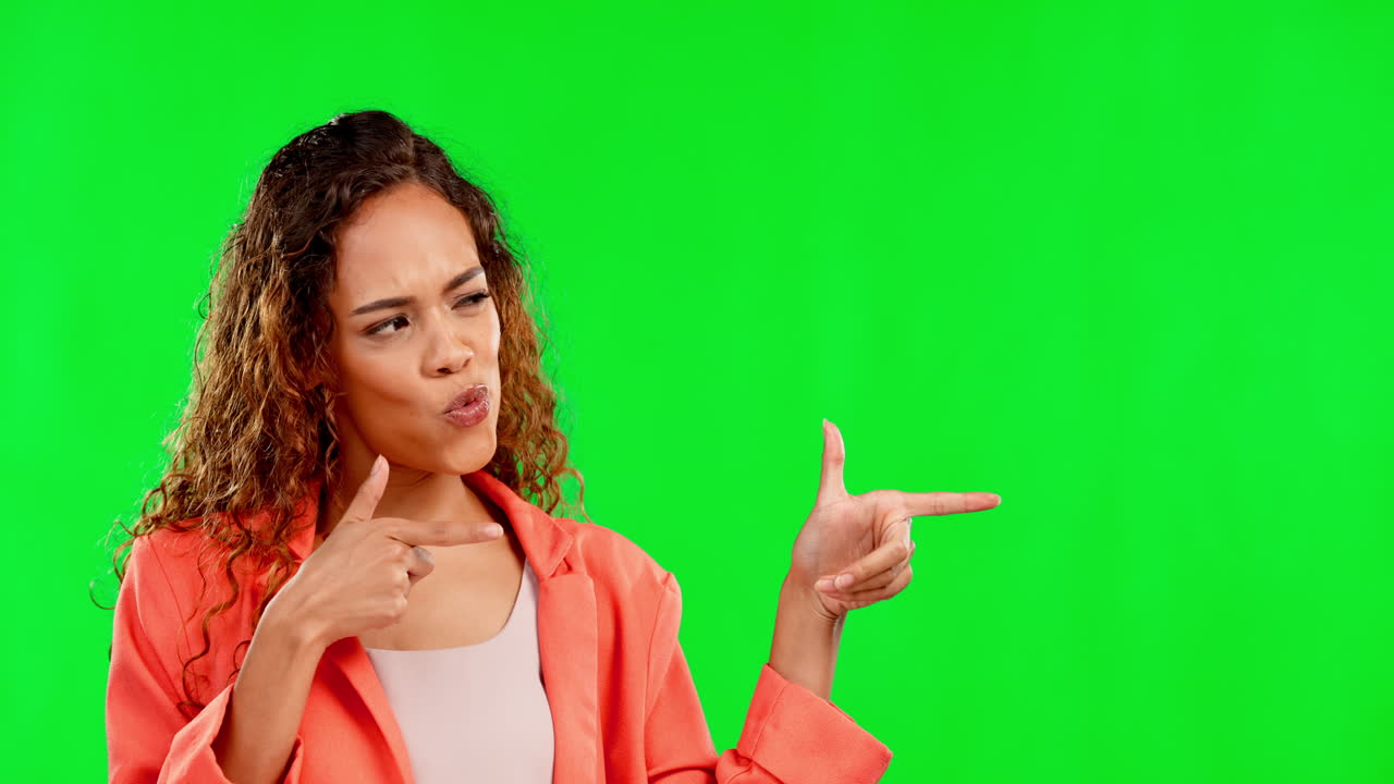 Flirty, green screen and a woman with finger guns
