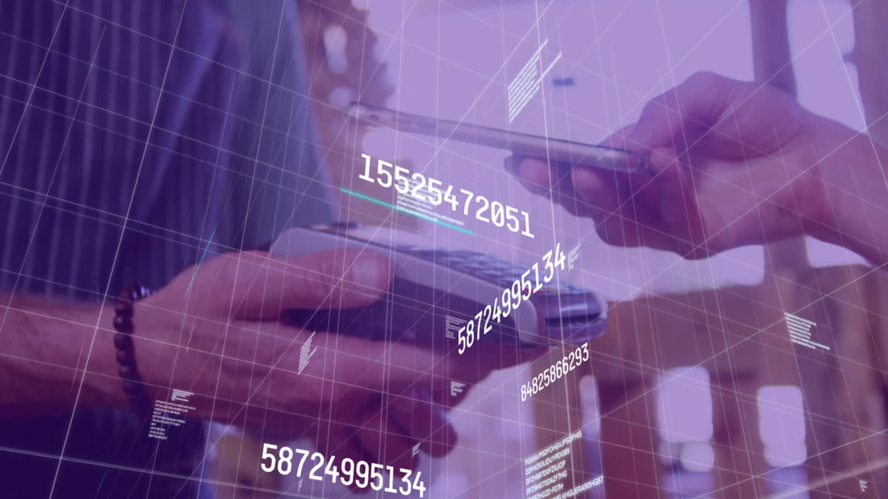Animation of numbers and data processing over close up of a hand using phone to make a payment