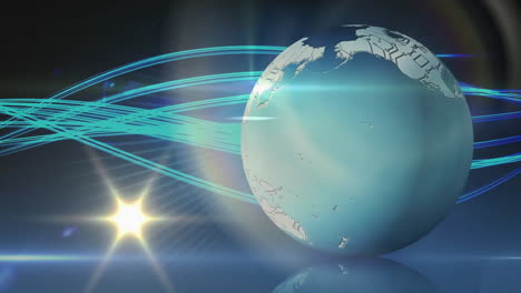 Animation-of-blue-light-trails-over-globe-on-blue-background