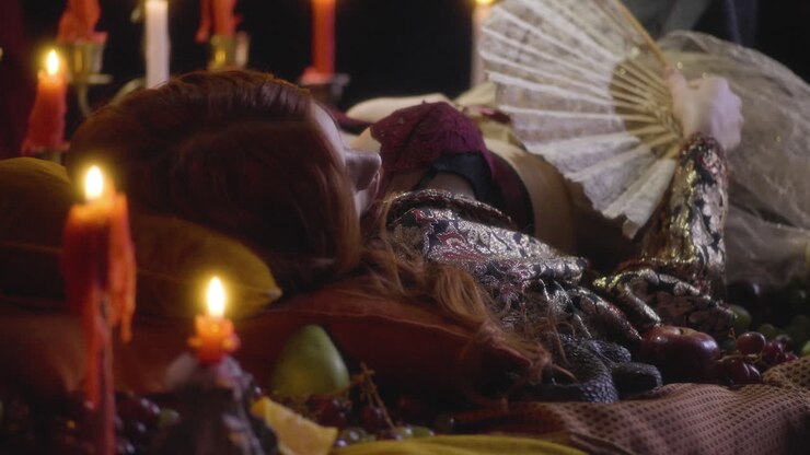 Sogno Gotico Rinascimentale: Strega sul letto circondata da candele - Ispirato a Goya
