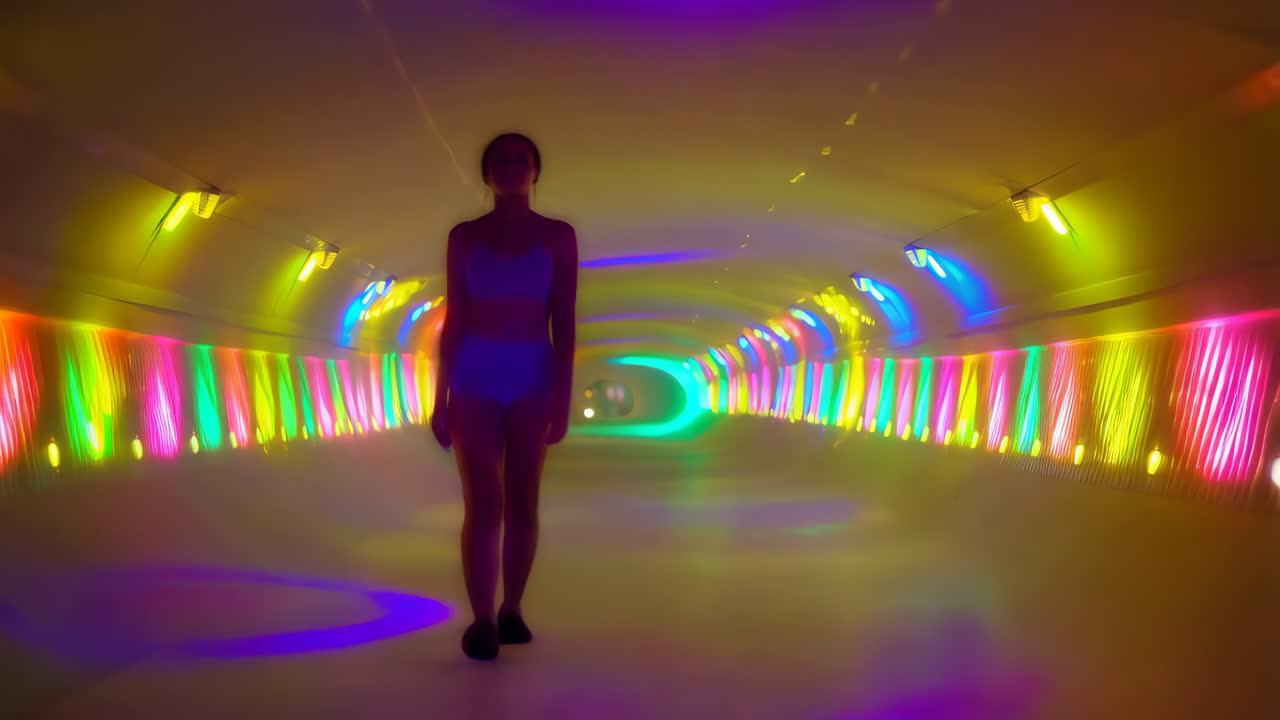 Person Walking Through a Colorful Light Tunnel