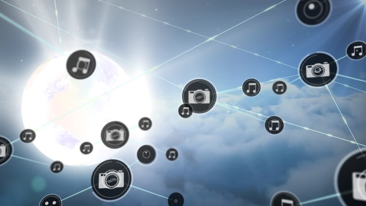 빛나는 태양과 구름 위의 아이콘으로 연결된 네트워크의 애니메이션