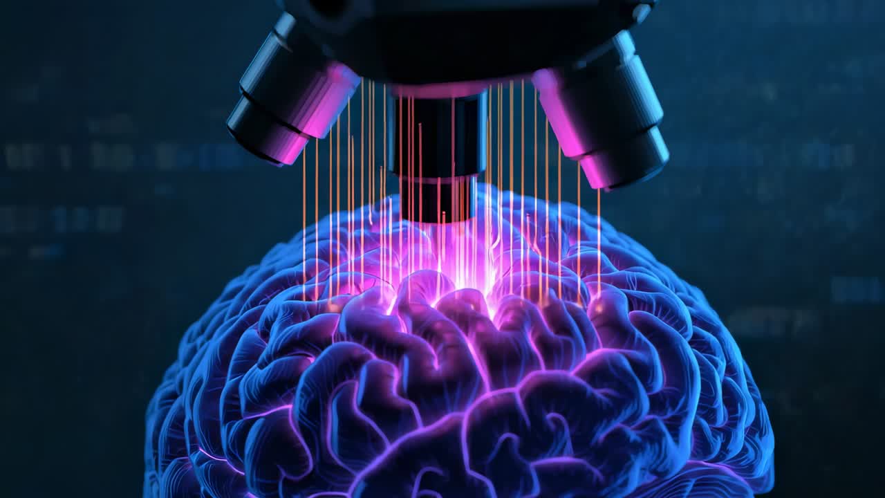 Scanning neon-lit brain model with multilens apparatus sending neon beams for data streaming in lab