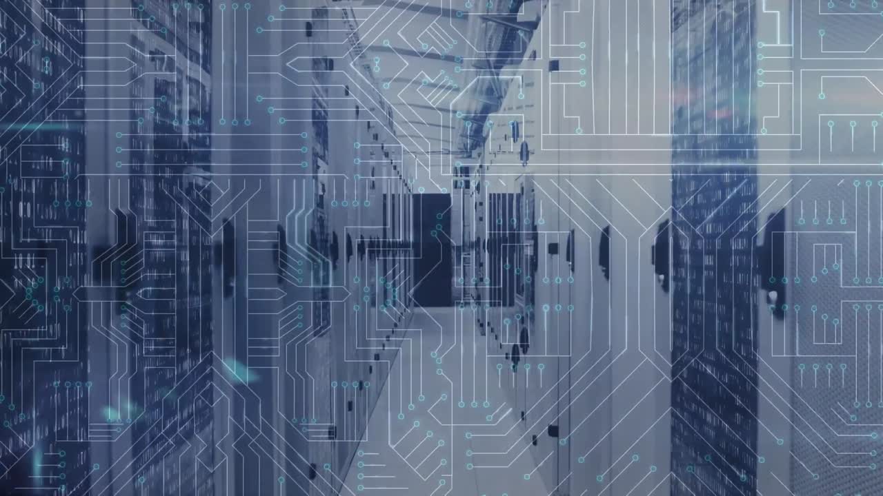 Animation of network of icons and connections, data processing and digital information in a server r