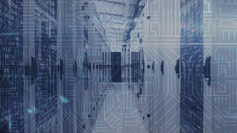 animación de una red de iconos y conexiones, procesamiento de datos e información digital en un servidor